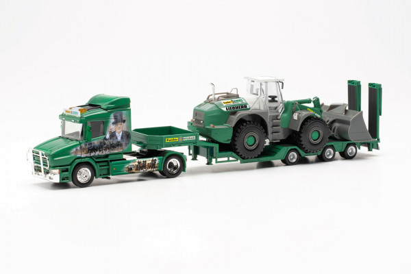 Herpa 315562 - Scania Hauber Goldhofer Allrounder-Sattelzug mit Liebherr Radlader „Funke Visbek“ - 1