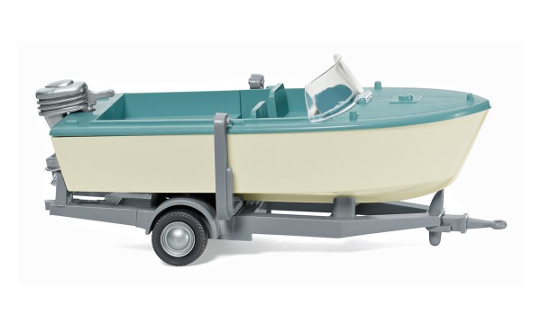 Wiking 009502 - Motorboot auf Anhänger - creme/pastelltürkis - 1:87