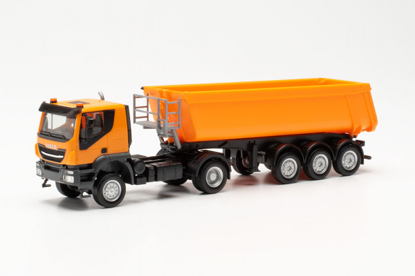 Herpa 315111 - Iveco Trakker mit Schmitz Cargobull Kipp-Sattelzug mit Stahlmulde, kommunalorange - 1