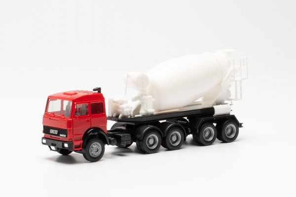 Herpa 315630 - Iveco Unic Betonmischer-Sattelzug, rot/weiß - 1:87