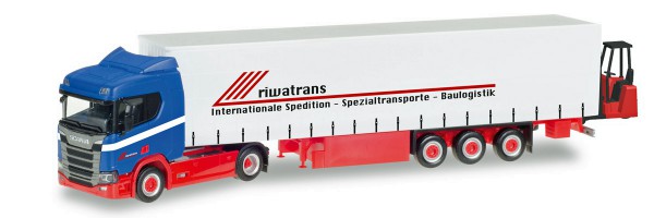 Herpa 307895 - Scania CR 20 ND 4x2 Gardinenplanen-Sattelzug mit Heckstapler &quot;Riwatrans&quot; - 1:87