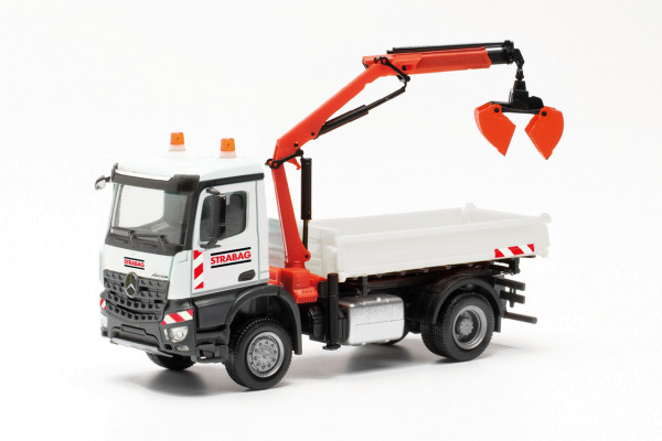Herpa 315203 - Mercedes-Benz Arocs S Dreiseitenkipper mit Ladekran und Zweischalengreifer „STRABAG“
