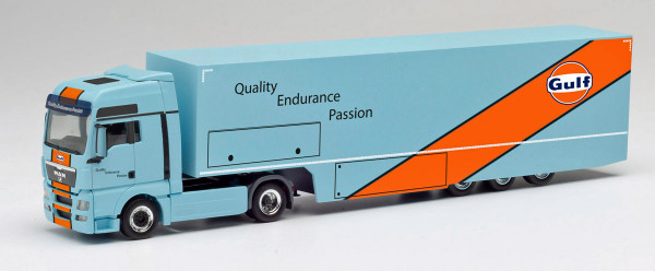 Herpa 311335 - MAN TGX XXL Euro 5 Renntransporter-Sattelzug &quot;Gulf Oil&quot; - 1:87