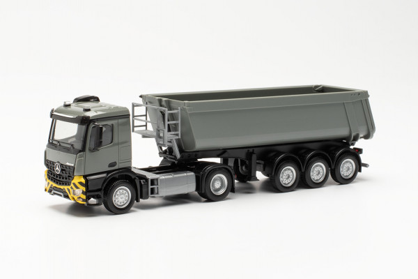 Herpa 315654 - Mercedes-Benz Arocs M Schmitz Cargobull Kipp-Sattelzug mit Stahlmulde, grau / gelb -