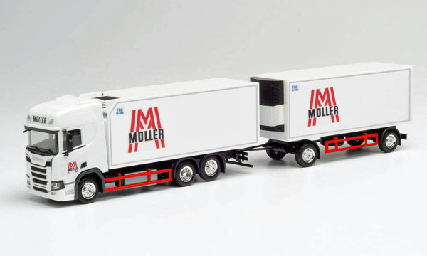 Herpa 312448 - Scania CR 20 HD Kühlkoffer-Hängerzug "Müller" - 1:87