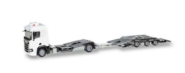 Herpa 013628 - Herpa Minikit: Scania CR20 Niederdach LKW-Transporter-Hängerzug, weiß - 1:87